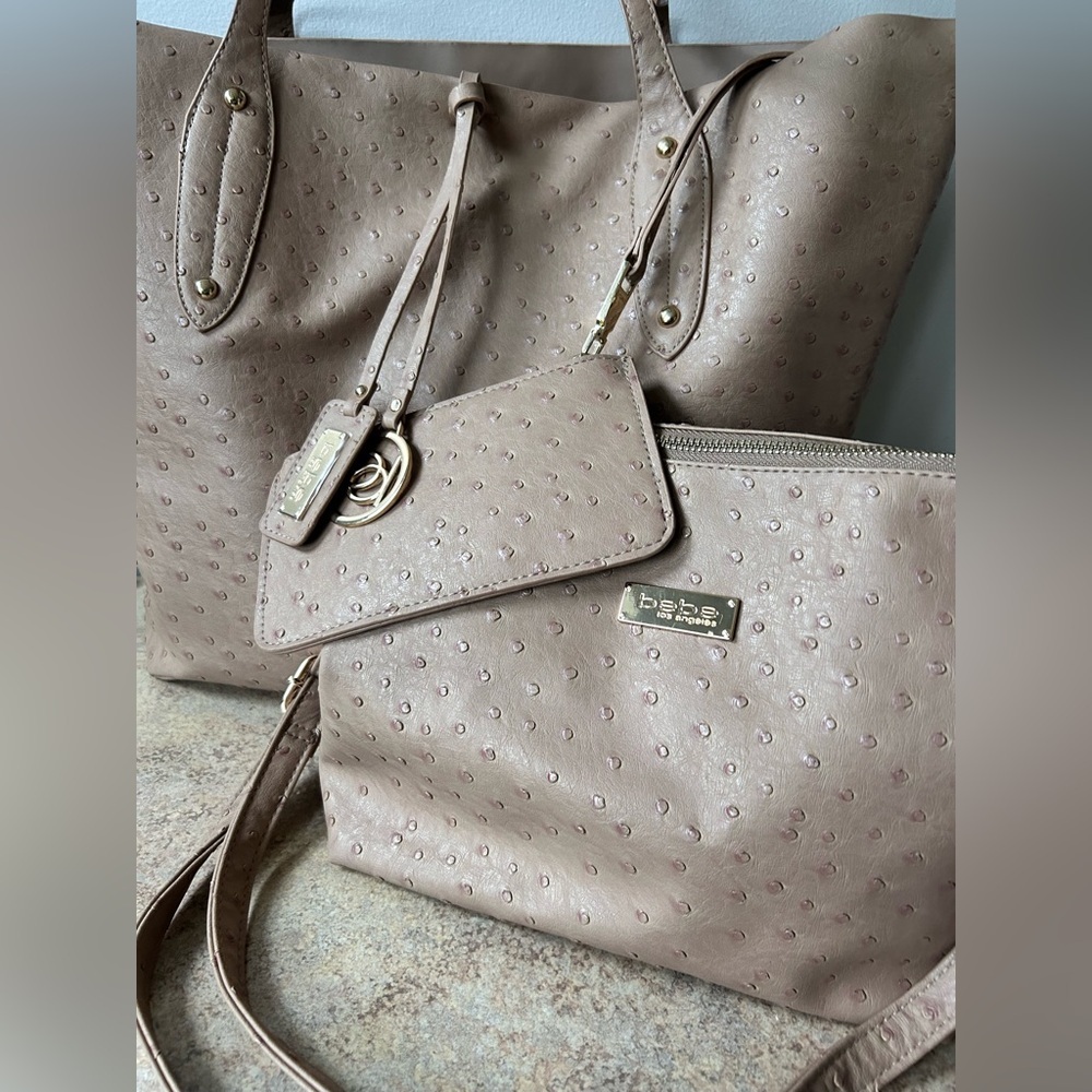 Bebe Three Piece Faux Ostrich Leather Tote, Purse and Wristlet - Picture 2 of 11